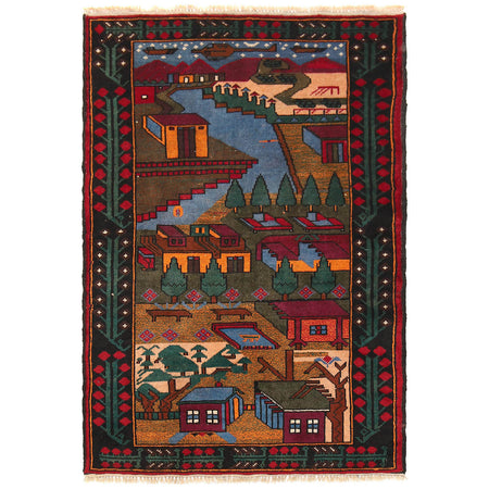 Handmade Pictorial Carpet 2' 10" x 4' 6" ft / 86 x 137 cm - No. 11476