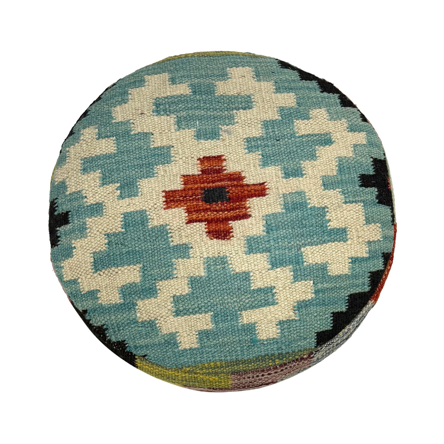 Kilim Ottoman Stool - Boho Accent Seating 1' 2" x 1' 5" ft / 35 x 43 cm - No. AL11