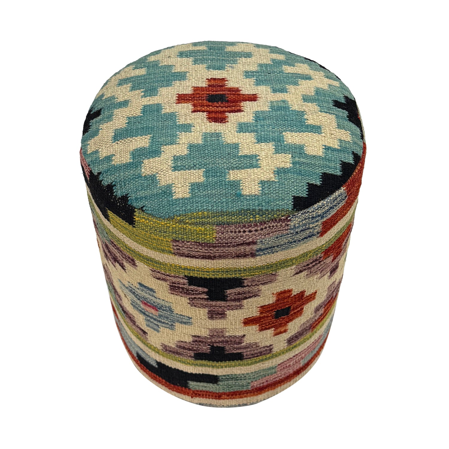 Kilim Ottoman Stool - Boho Accent Seating 1' 2" x 1' 5" ft / 35 x 43 cm - No. AL11
