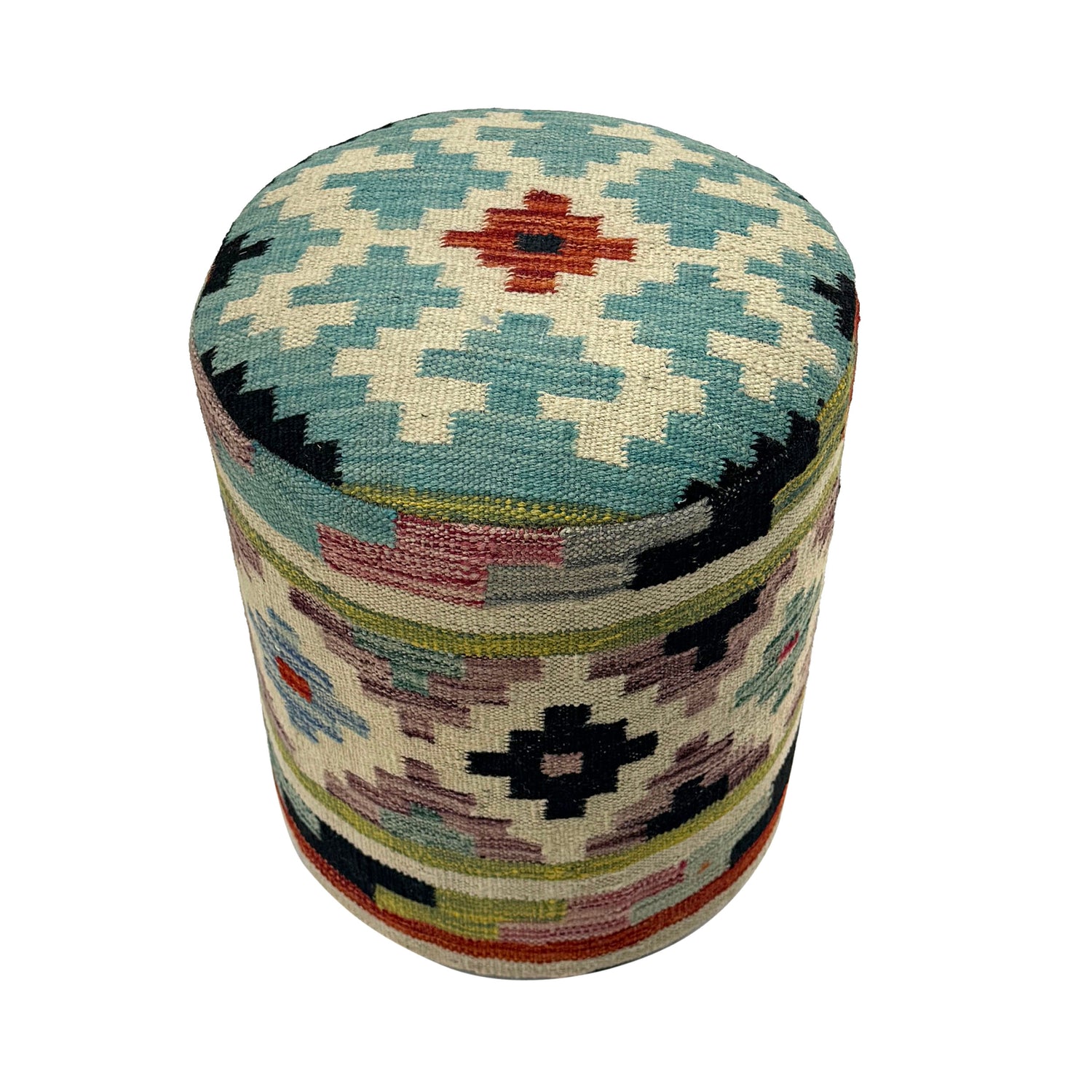 Kilim Ottoman Stool - Boho Accent Seating 1' 2" x 1' 5" ft / 35 x 43 cm - No. AL11