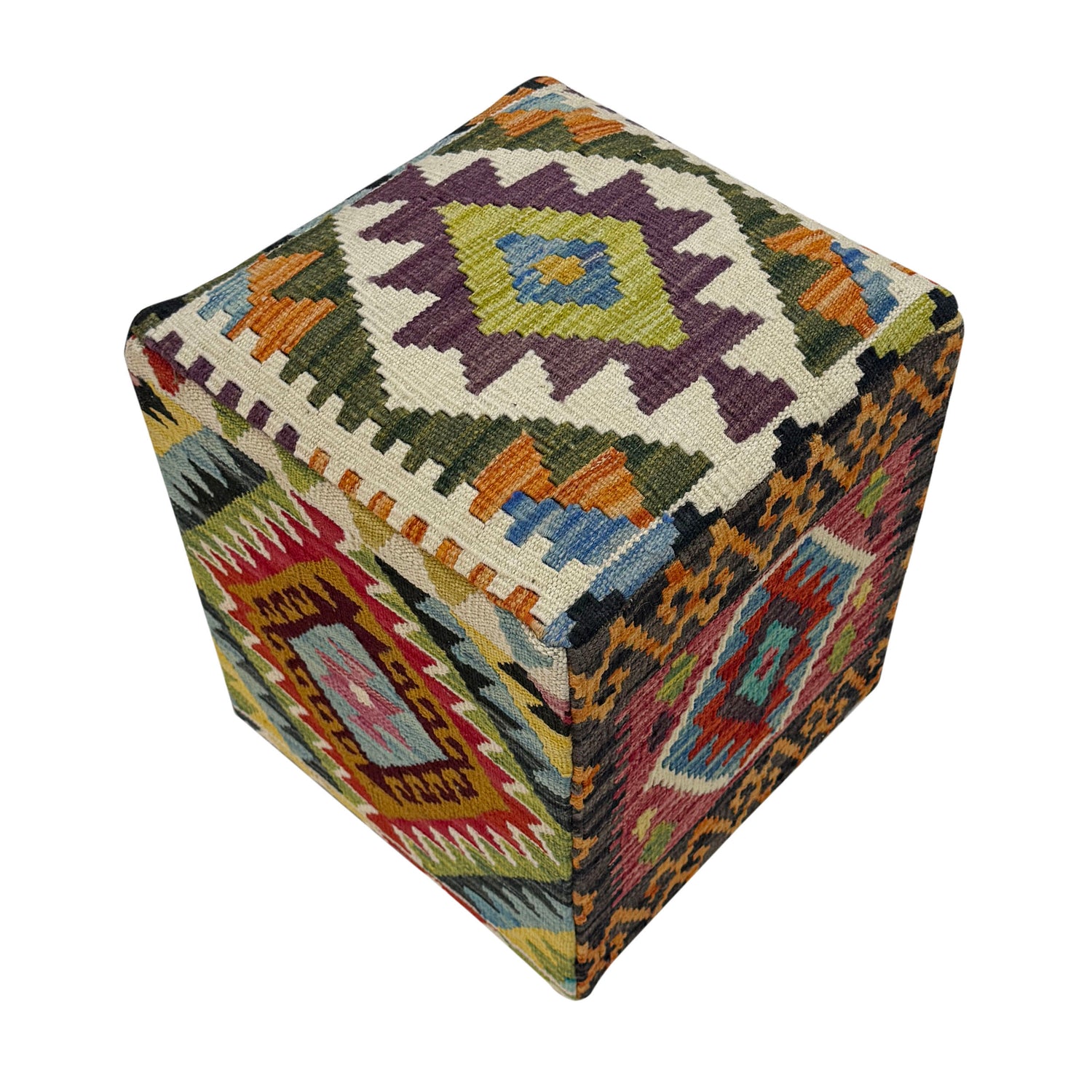 Kilim Ottoman Footstool - Square Handmade Design 1' 3" x 1' 3" ft / 37 x 38 cm - No. AL12