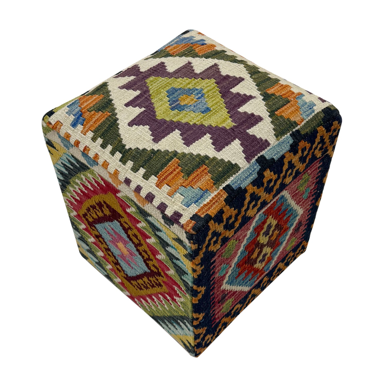 Kilim Ottoman Footstool - Square Handmade Design 1' 3" x 1' 3" ft / 37 x 38 cm - No. AL12