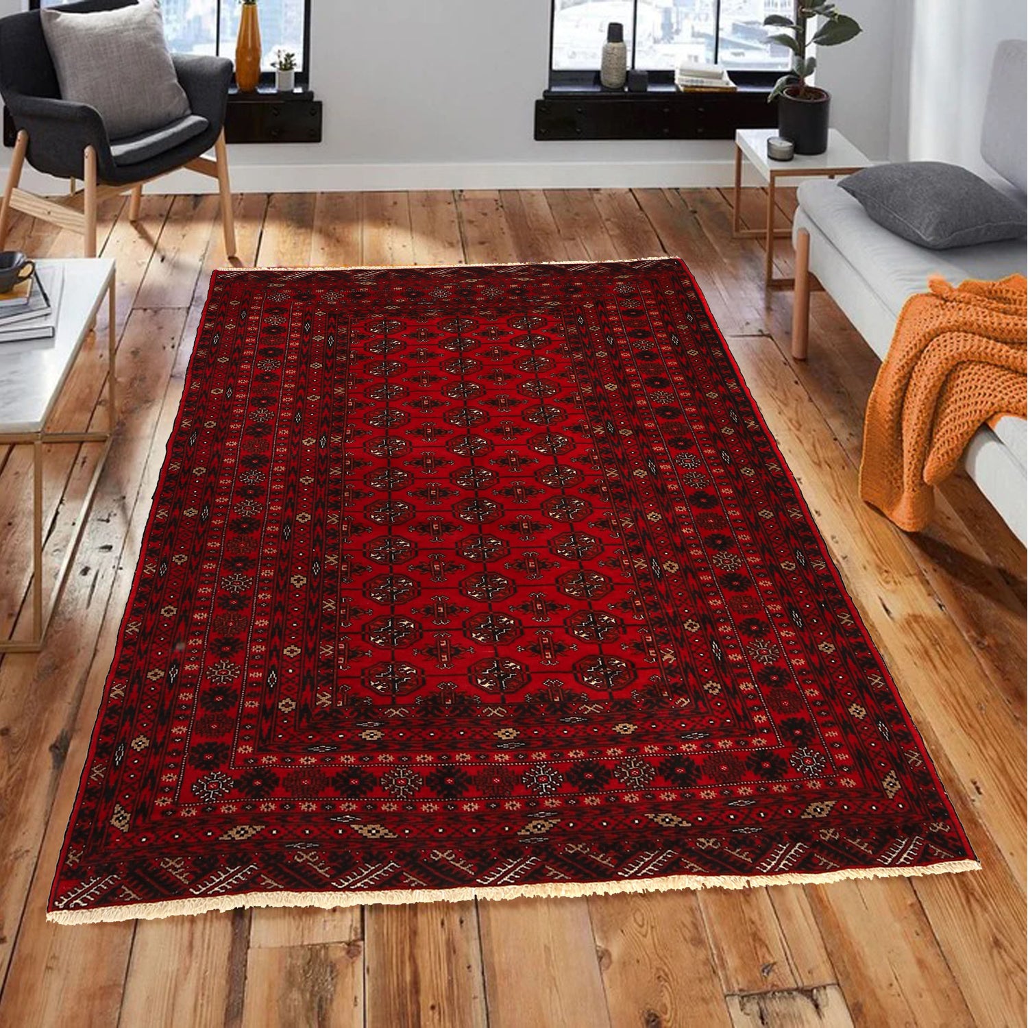 Red Bokhara Rug 4' 2" x 5' 6" ft / 127 x 167 cm - No. 1325