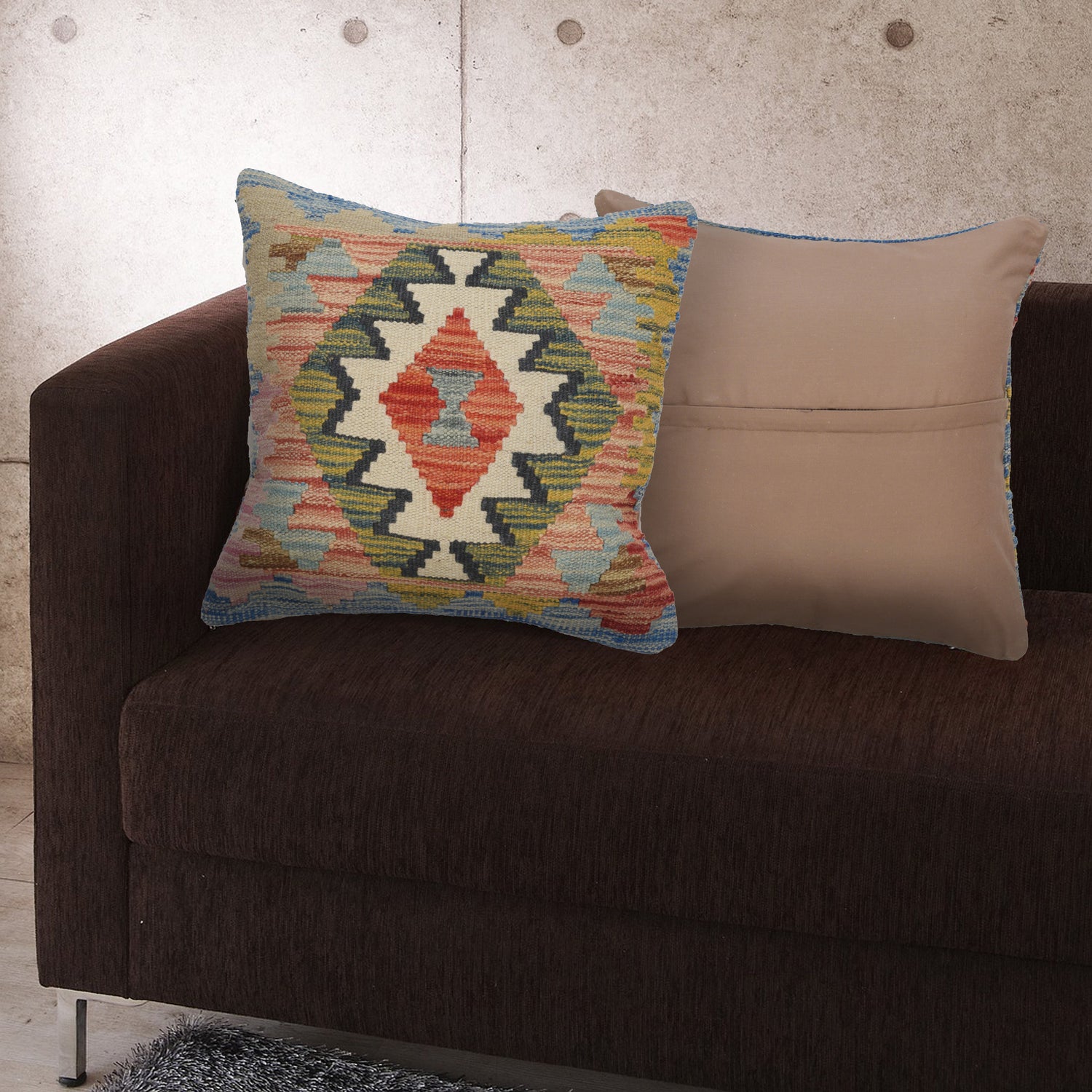 Square Size Kelim Cushion 1' 5" x 1' 5" ft / 44 x 44 cm - No.21156