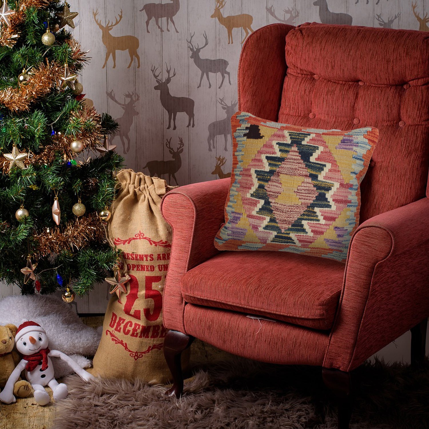 Square Size Kelim Cushion 1' 5" x 1' 5" ft / 44 x 42 cm - No.21181