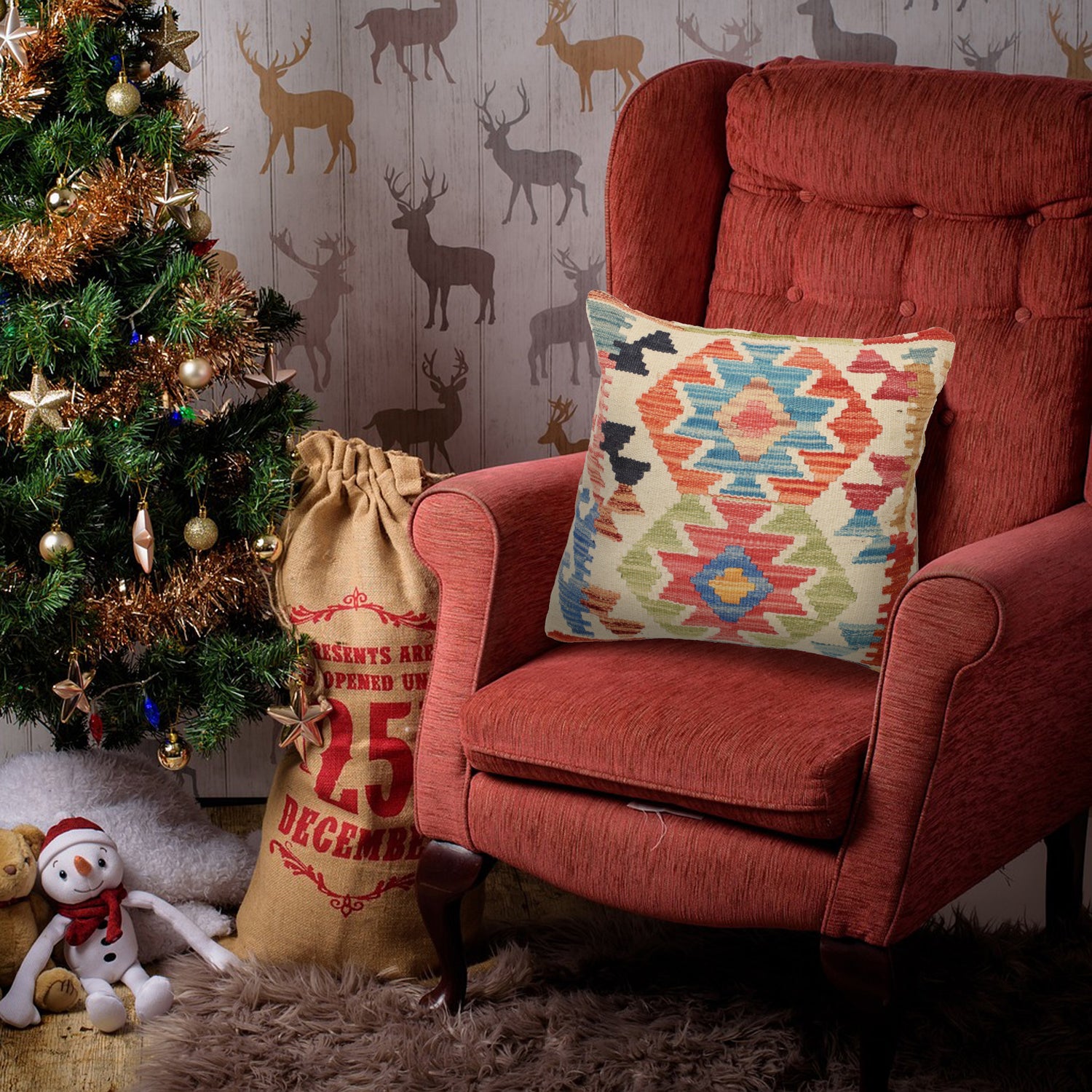 Square Size Kelim Cushion 1' 5" x 1' 5" ft / 44 x 44 cm - No. 25557