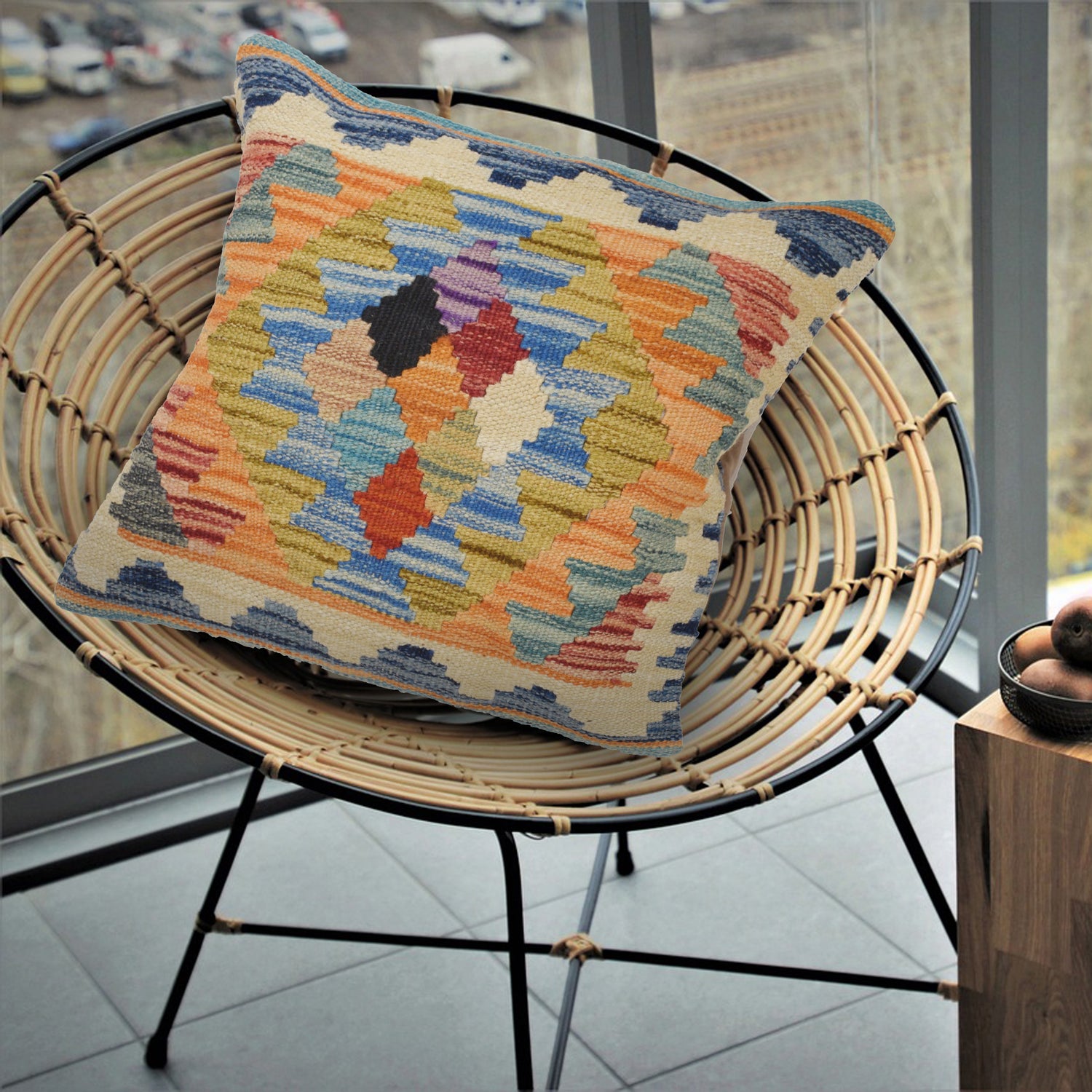 Turkish Design Kilim Cushion 1' 5" x 1' 5" ft / 43 x 44 cm - No. 25614