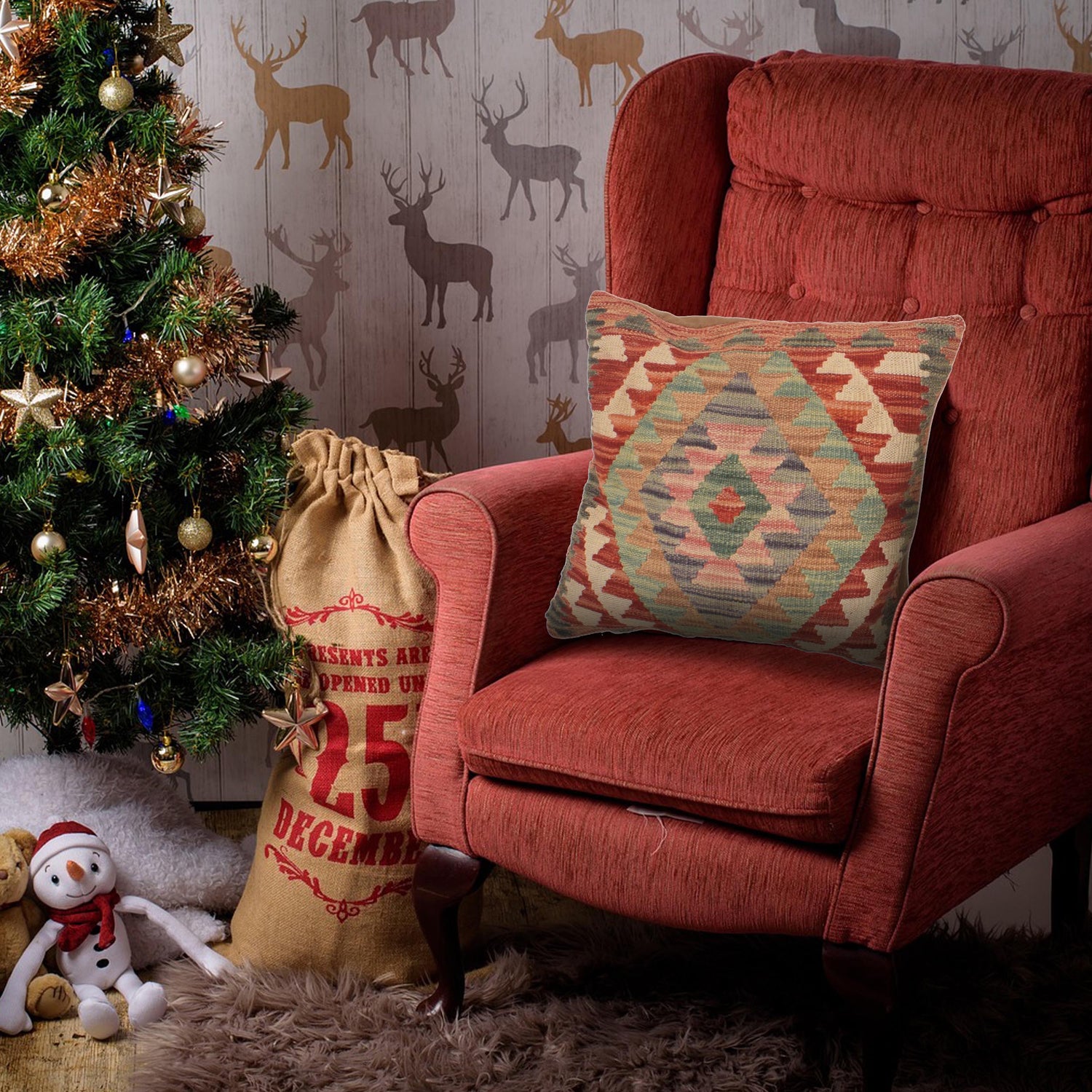 Square Size Kelim Cushion 1' 7" x 1' 7" ft / 47 x 47 cm - No. 34519