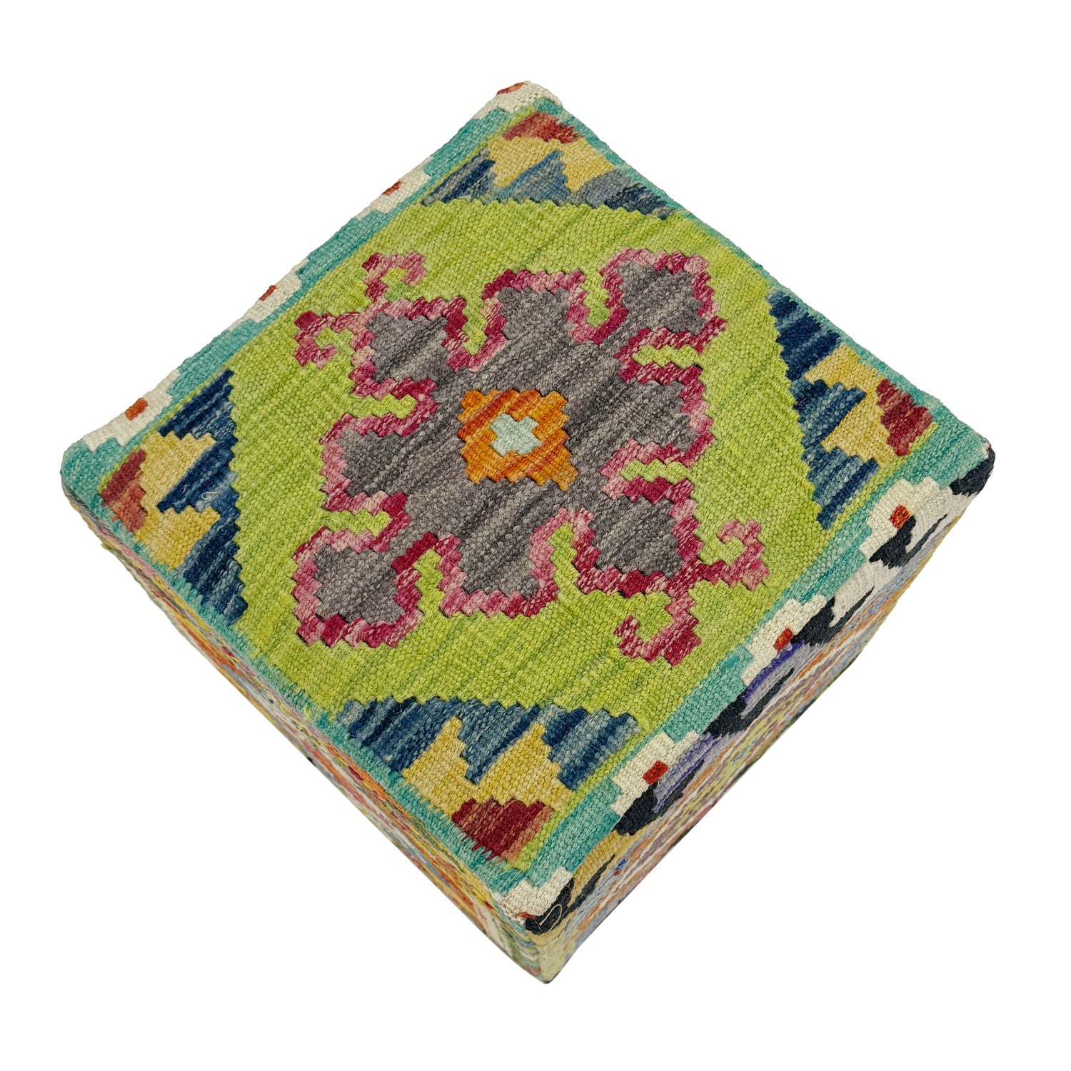 Square Kilim Ottoman Stool - Wool Handmade Seating 1' 3" x 1' 3" ft / 37 x 38 cm - No. AL6