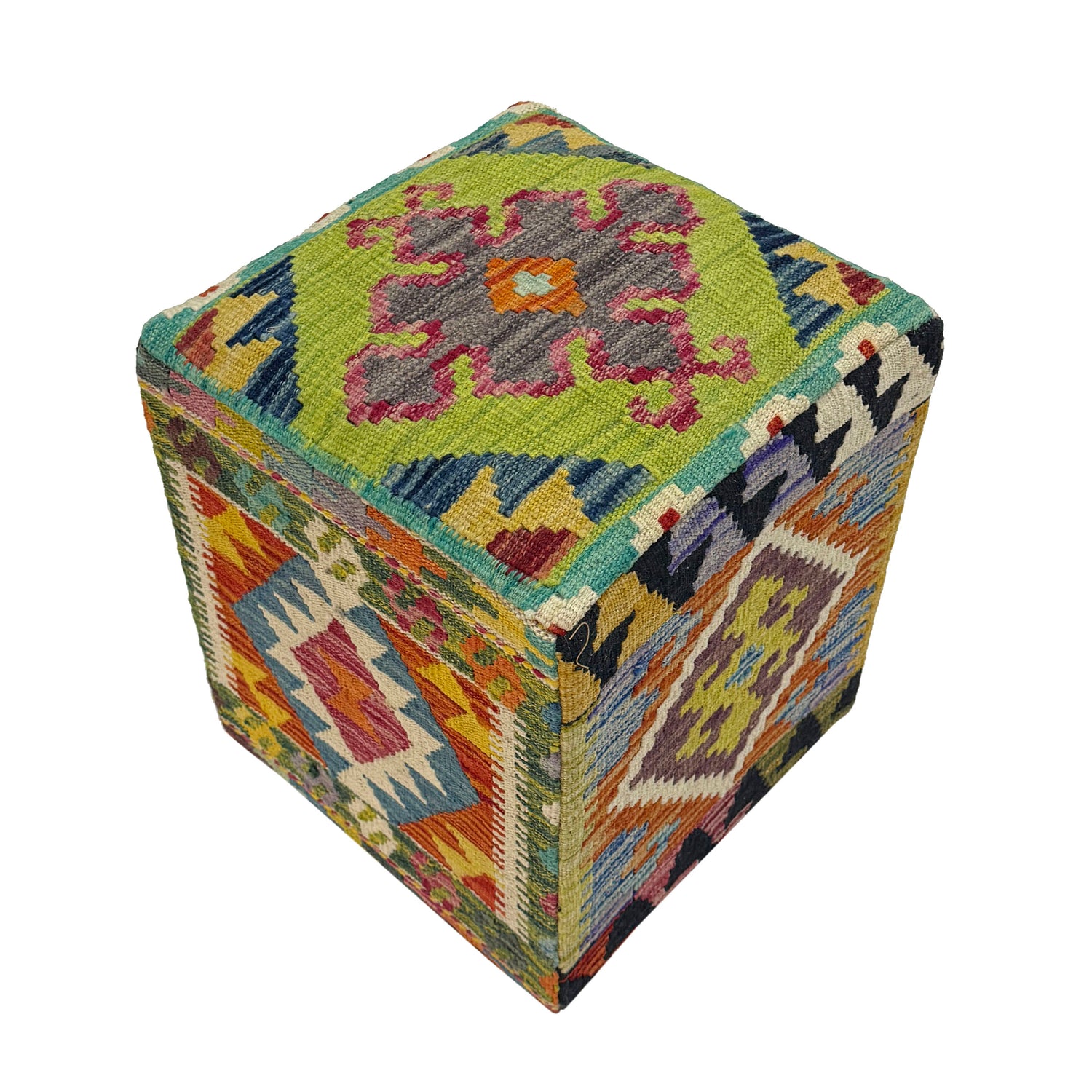 Square Kilim Ottoman Stool - Wool Handmade Seating 1' 3" x 1' 3" ft / 37 x 38 cm - No. AL6