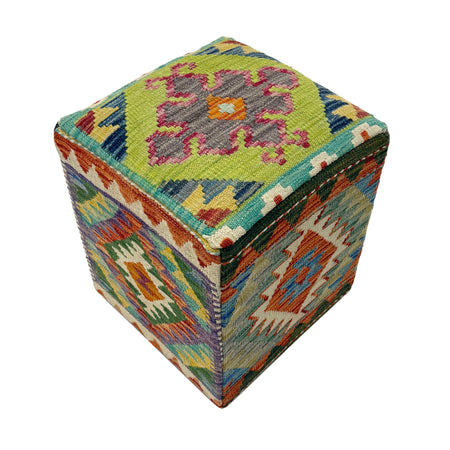 Square Kilim Ottoman Stool - Wool Handmade Seating 1' 3" x 1' 3" ft / 37 x 38 cm - No. AL6