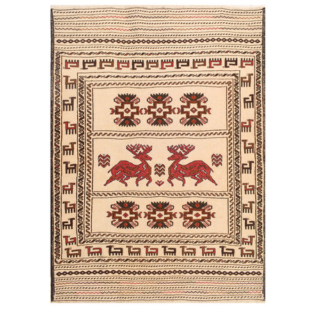 White Flat Weave Kelim 4' 4" x 5' 9" ft / 132 x 176 cm - No. 7388