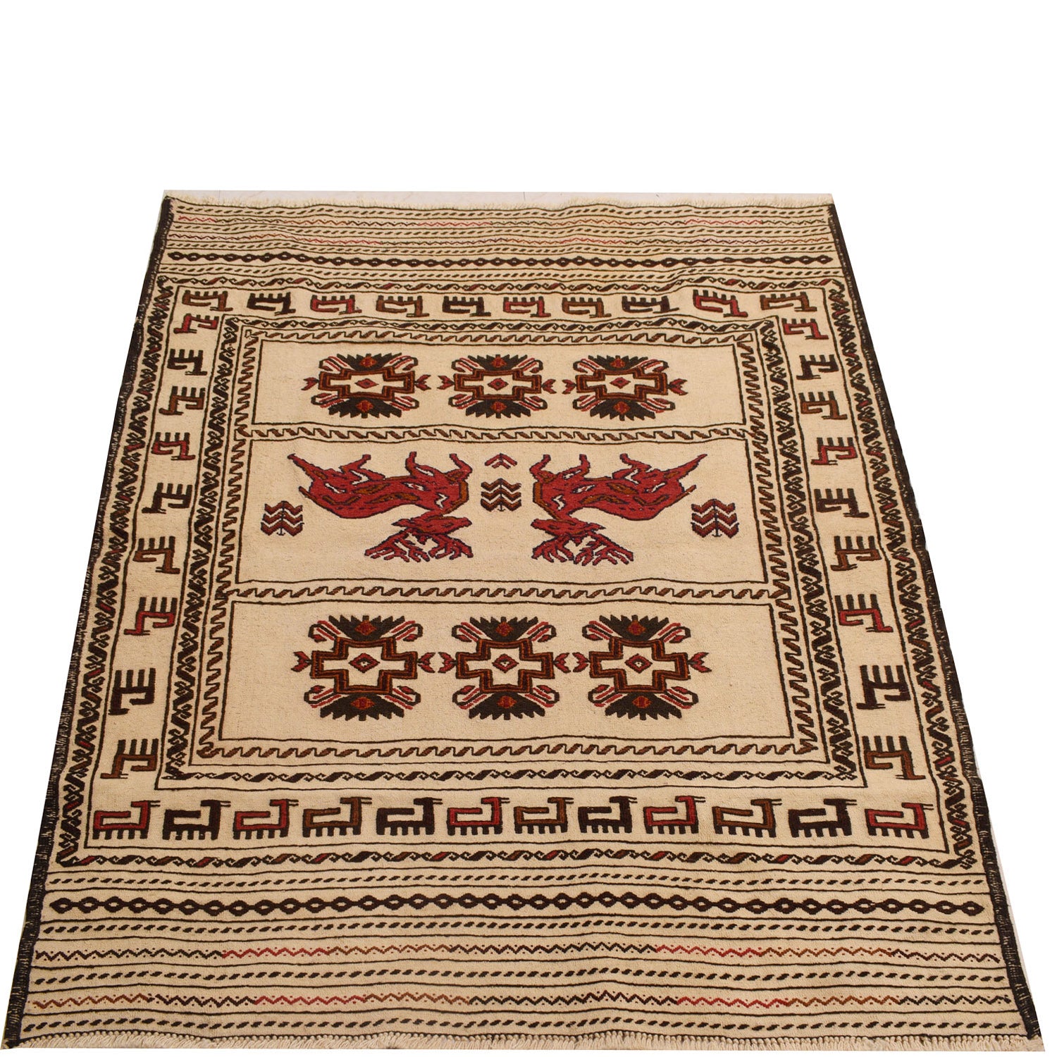 White Flat Weave Kelim 4' 4" x 5' 9" ft / 132 x 176 cm - No. 7388