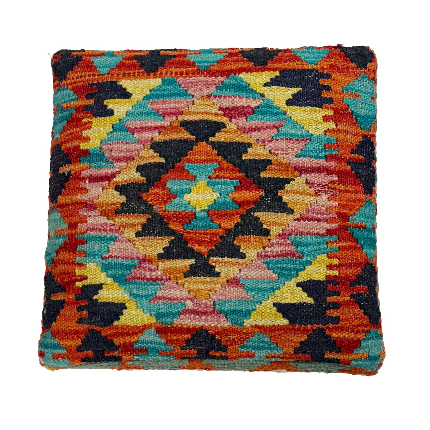 Kilim Ottoman Stool - Square Boho Home Accent 1' 3" x 1' 3" ft / 37 x 38 cm - No. AL7