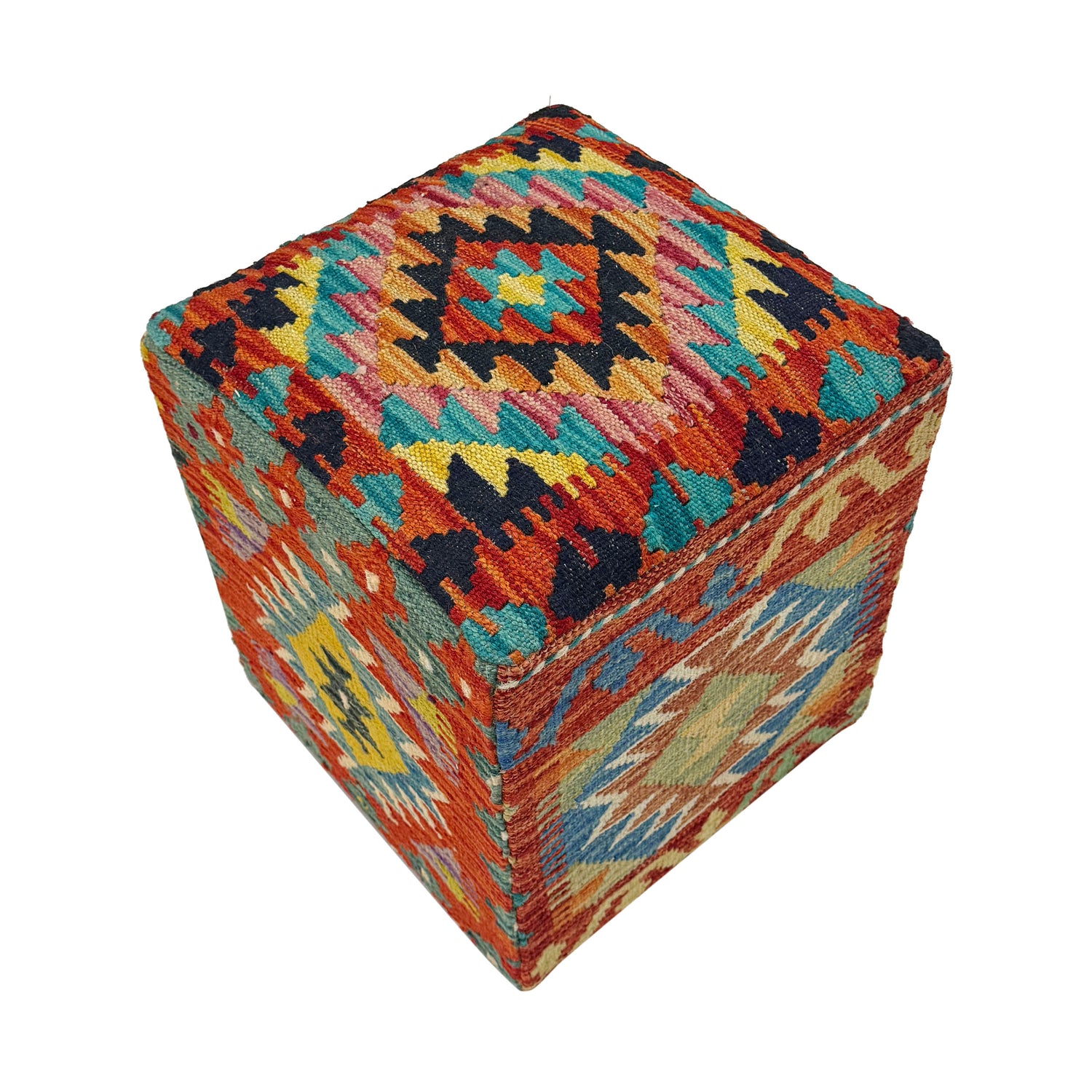Kilim Ottoman Stool - Square Boho Home Accent 1' 3" x 1' 3" ft / 37 x 38 cm - No. AL7