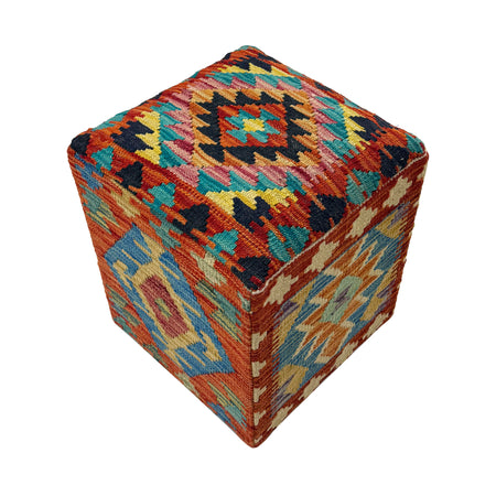 Kilim Ottoman Stool - Square Boho Home Accent 1' 3" x 1' 3" ft / 37 x 38 cm - No. AL7