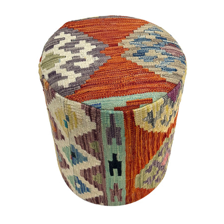 Round Kilim Ottoman Footstool 1' 2" x 1' 5" ft / 35 x 43 cm - No. AL9
