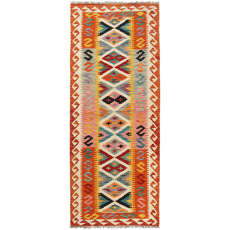 Colorful Flat-Weave Wool Kilim Runner 2' 5" x 6' 5" ft / 74 x195 cm - No. B26671