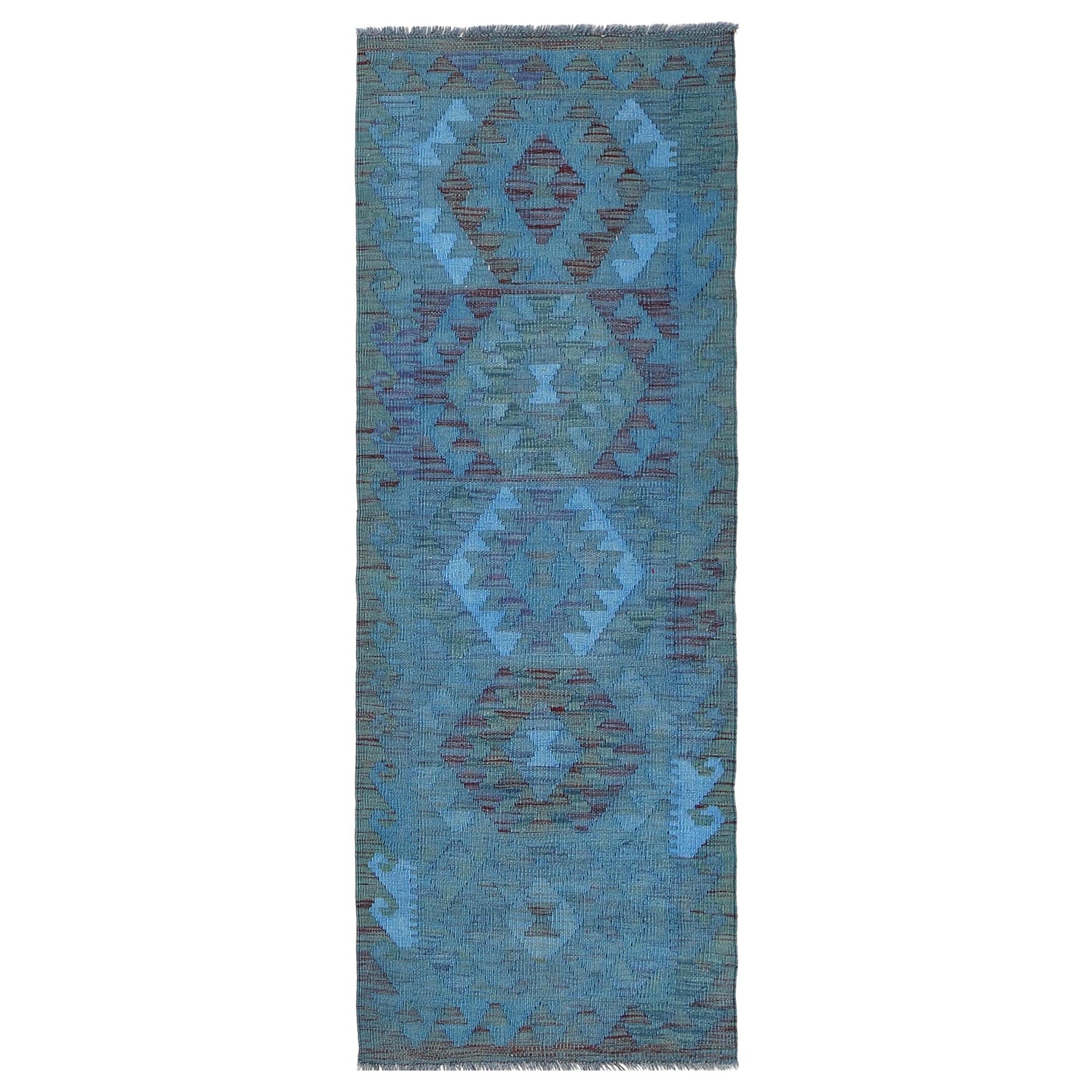 Blue Color Overdyed Kelim 2' 1" x 6' 2" ft / 63 x 189 cm - No. B29186