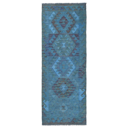 Blue Color Overdyed Kelim 2' 1" x 6' 2" ft / 63 x 189 cm - No. B29186