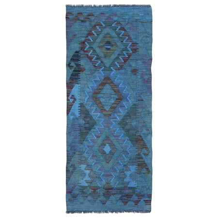 Blue Color Overdyed Kelim Runner 2' 1" x 5' 1" ft / 64 x 155 cm - No. B29192