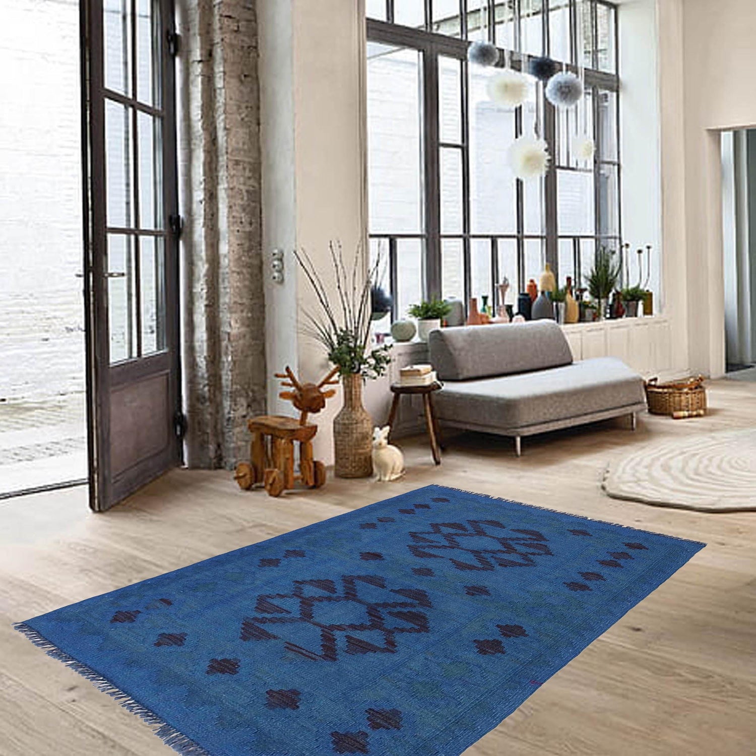 Blue Color Overdyed Kelim 2' 7" x 3' 9" ft / 80 x 115 cm - No. B29217