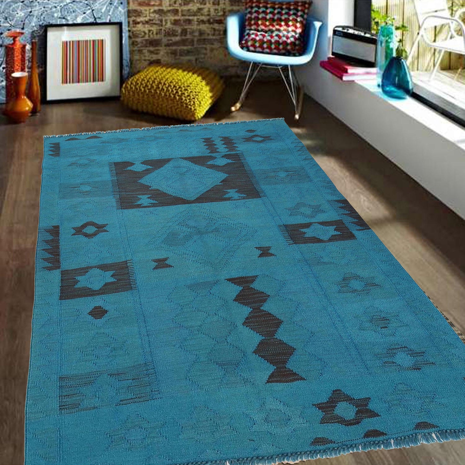 Blue Color Overdyed Kelim 3' 8" x 5' 7" ft / 113 x 169 cm - No. B29231