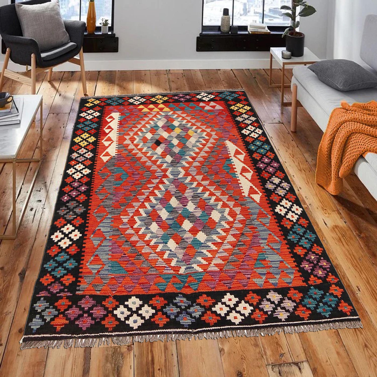 Handmade Vegetable Kilim 4' 0" x 6' 1" ft / 122 x 186 cm - No. B29467