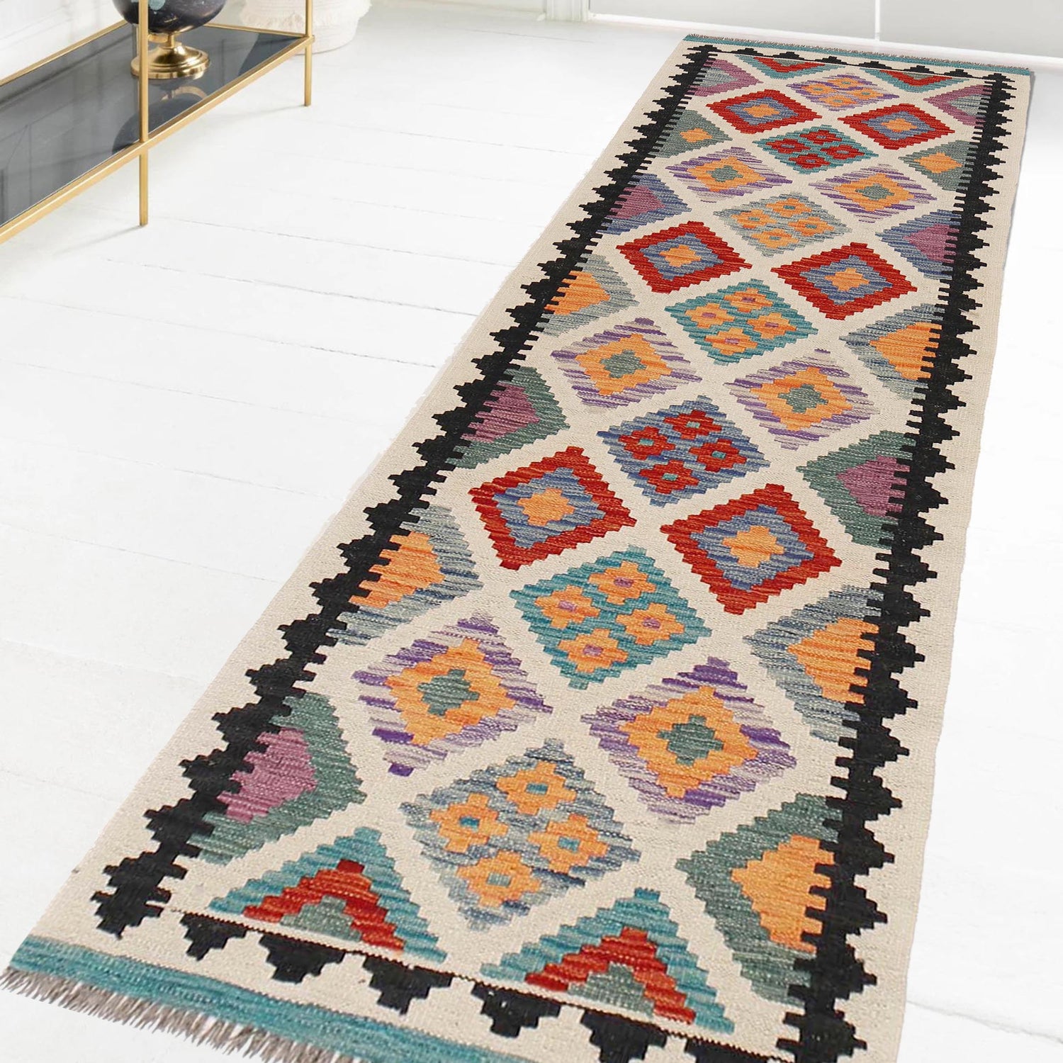 Handmade Turkish Design Wool Kilim Runner 2' 5" x 8' 1" ft / 74 x247 cm - No. B29492