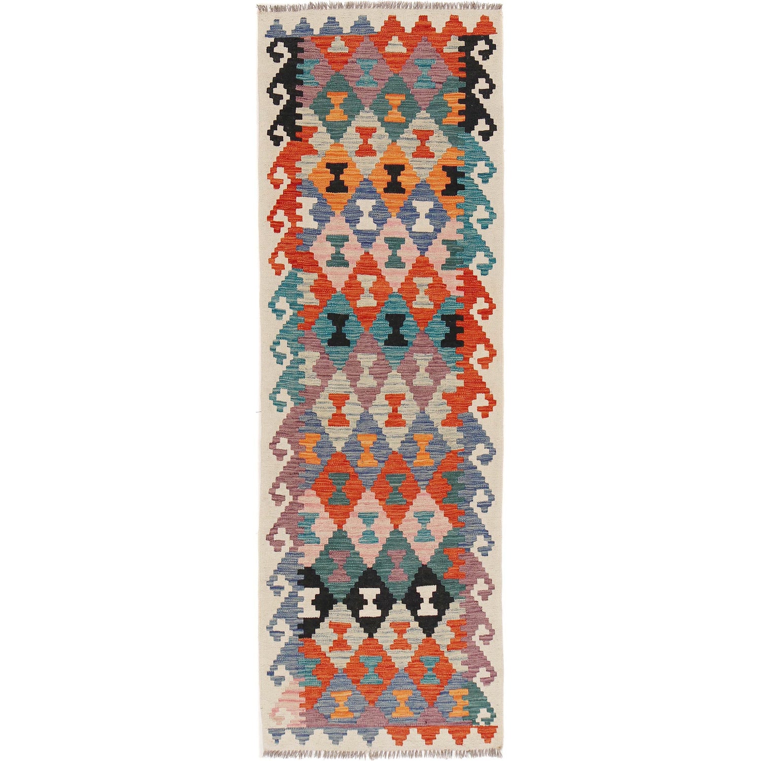Colorful Flat-Weave Wool Kilim Runner 2' 6" x 8' 0" ft / 77 x245 cm - No. B29500