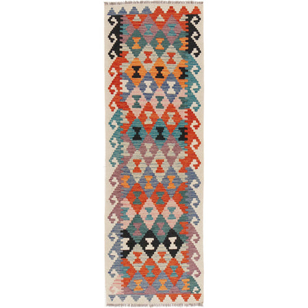 Colorful Flat-Weave Wool Kilim Runner 2' 6" x 8' 0" ft / 77 x245 cm - No. B29500