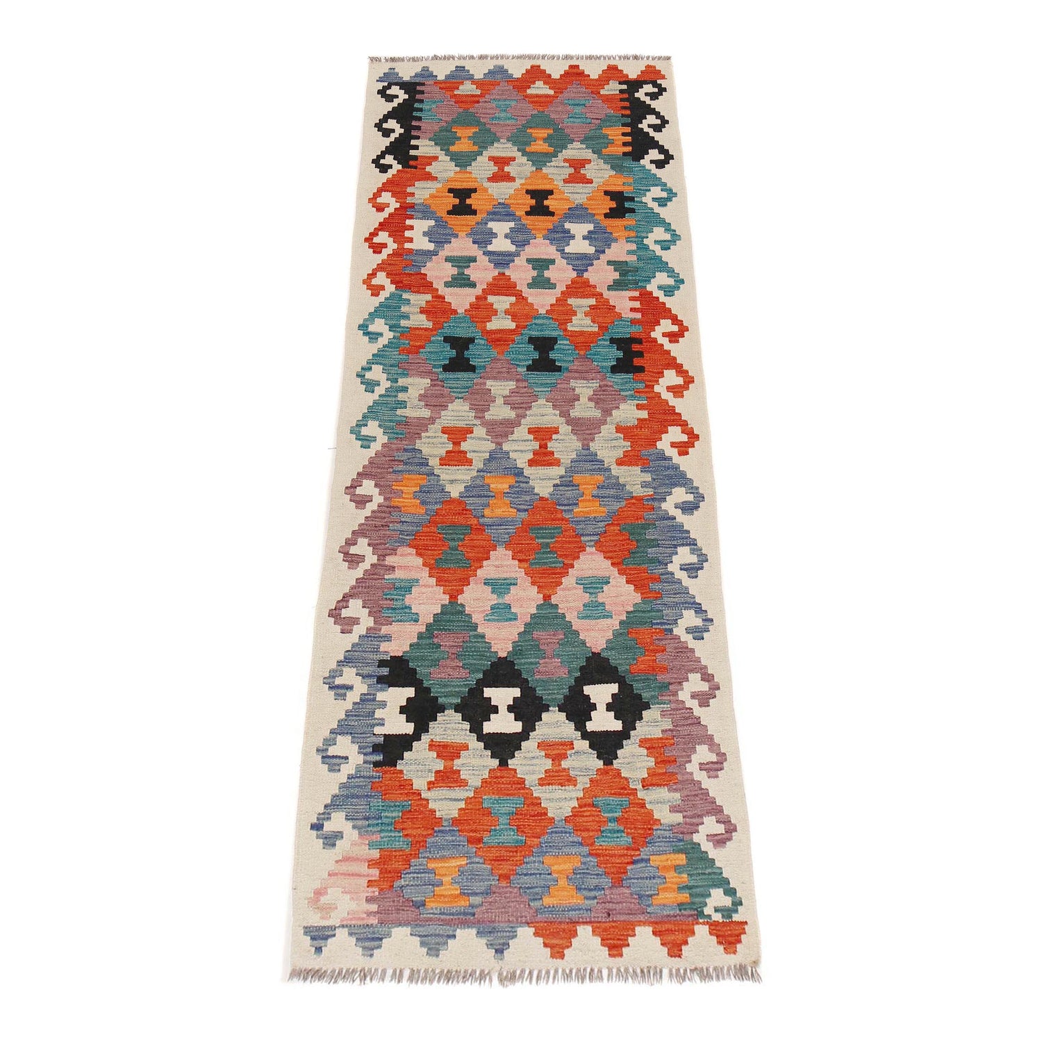 Colorful Flat-Weave Wool Kilim Runner 2' 6" x 8' 0" ft / 77 x245 cm - No. B29500