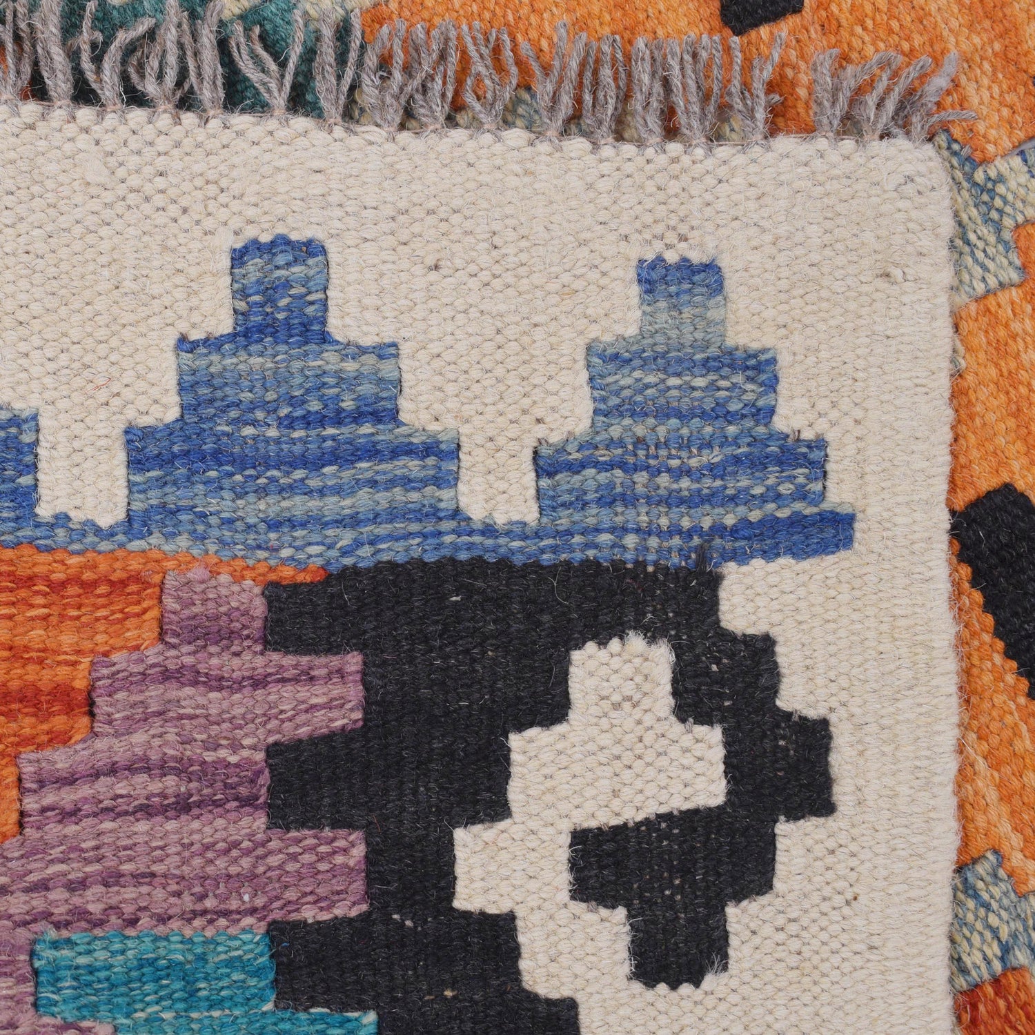 Colorful Flat-Weave Wool Kilim Runner 2' 6" x 8' 0" ft / 77 x245 cm - No. B29500