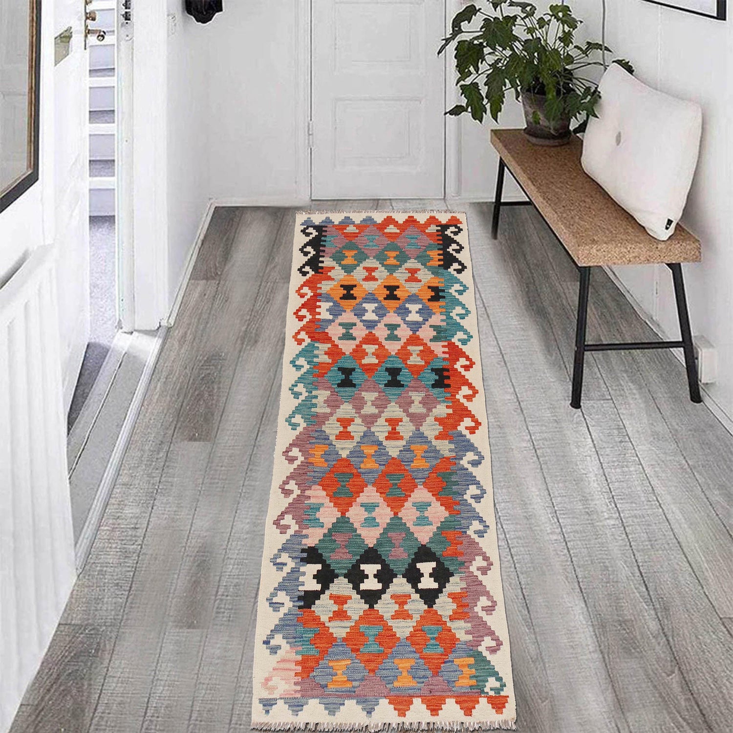 Colorful Flat-Weave Wool Kilim Runner 2' 6" x 8' 0" ft / 77 x245 cm - No. B29500