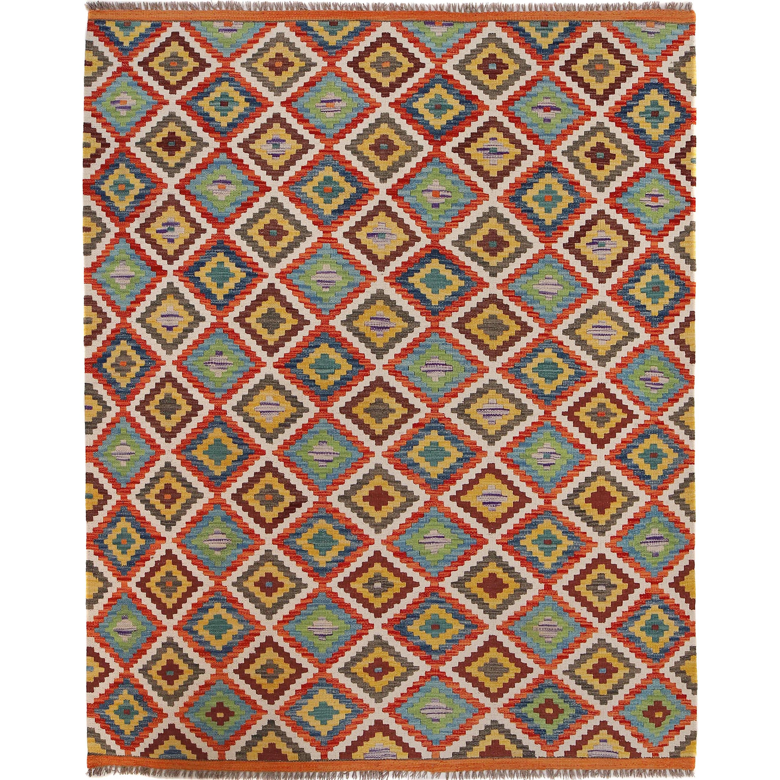Colorful Flat-Weave Wool Kilim 5' 0" x 6' 7" ft / 153 x 200 cm - No. B29727