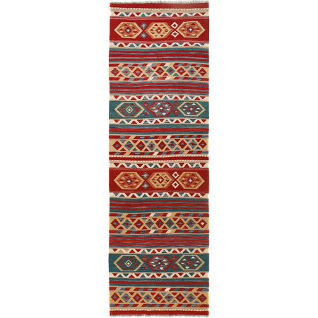 Colorful Flat-Weave Wool Kilim Runner 3' 9" x 12' 8" ft / 115 x 385 cm - No. B30040