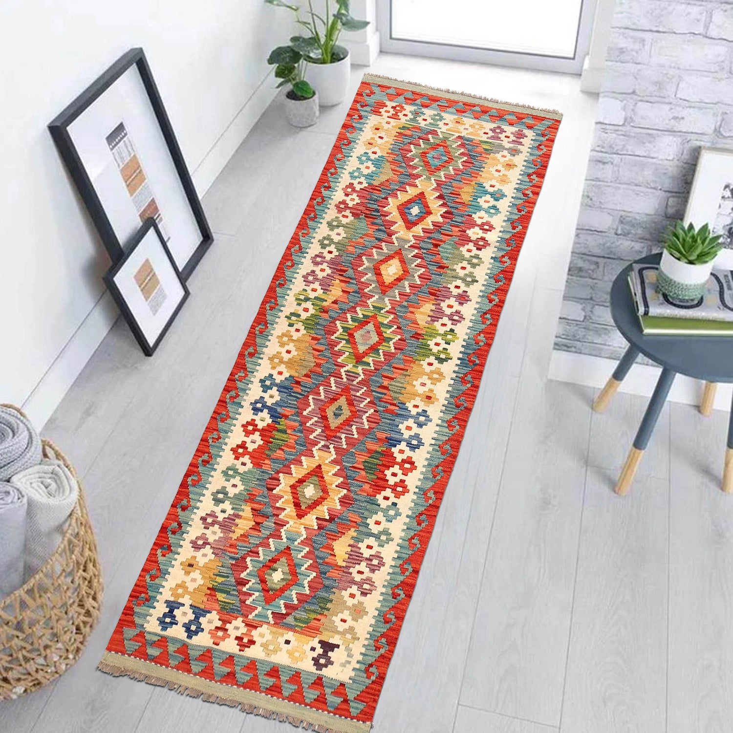 Hand Knotted Flatweave Kilim Runner 2' 8" x 7' 11" ft / 82 x241 cm - No. B30045