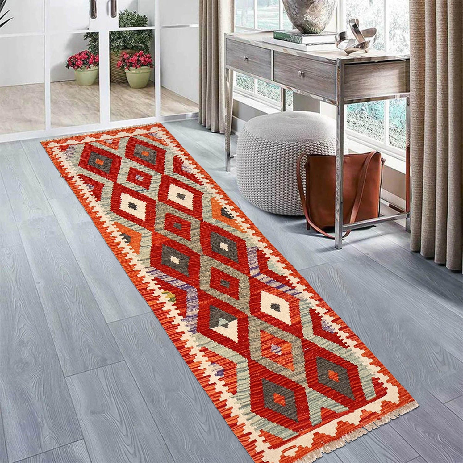 Hand Woven Wool Kelim Runner 2' 1" x 6' 3" ft / 63 x 191 cm - No. B30462