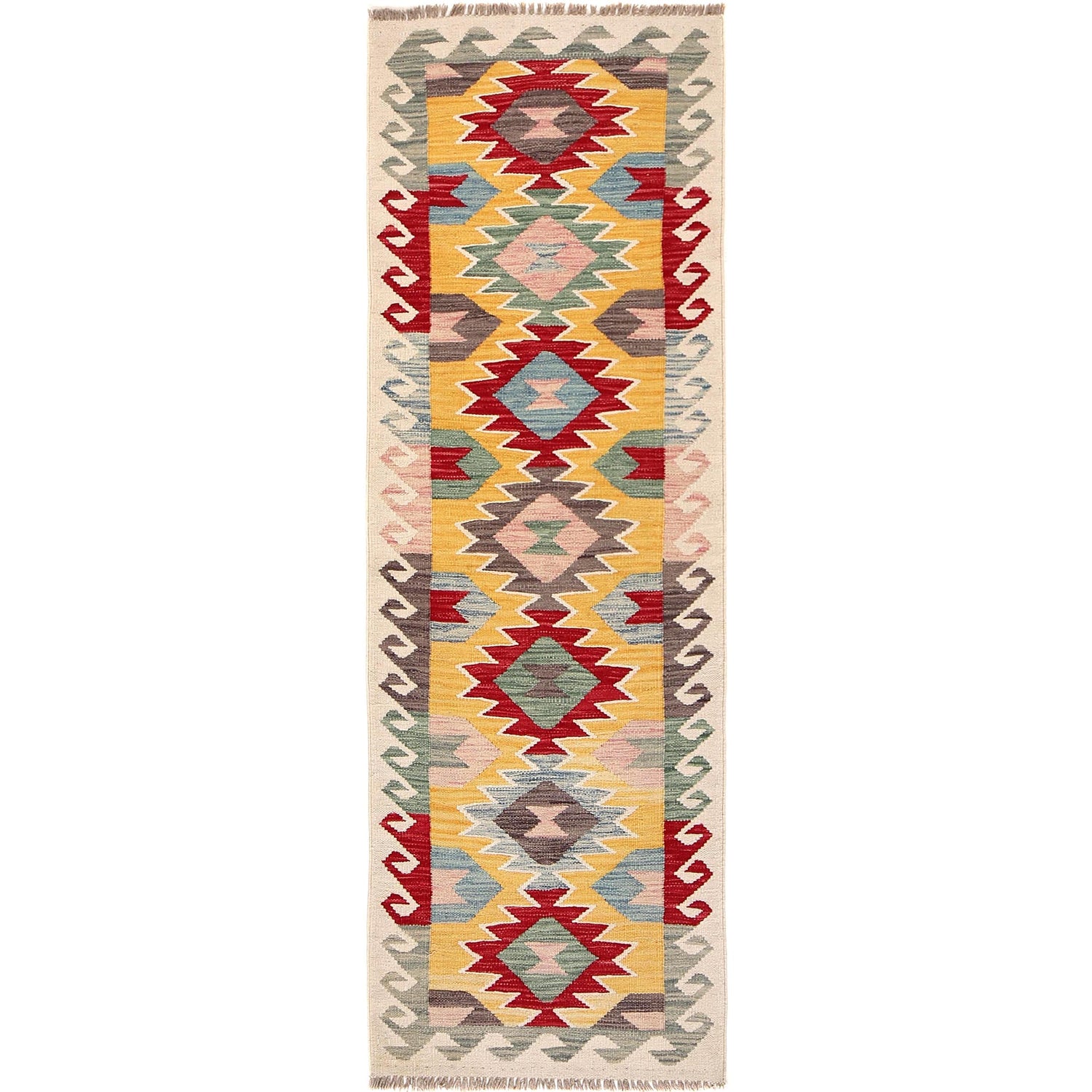 Colorful Flat-Weave Wool Kilim Runner 2' 2" x 6' 7" ft / 66 x 201 cm - No. B30493