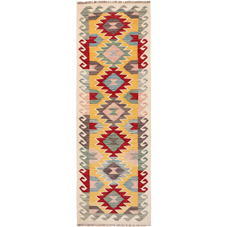 Colorful Flat-Weave Wool Kilim Runner 2' 2" x 6' 7" ft / 66 x 201 cm - No. B30493