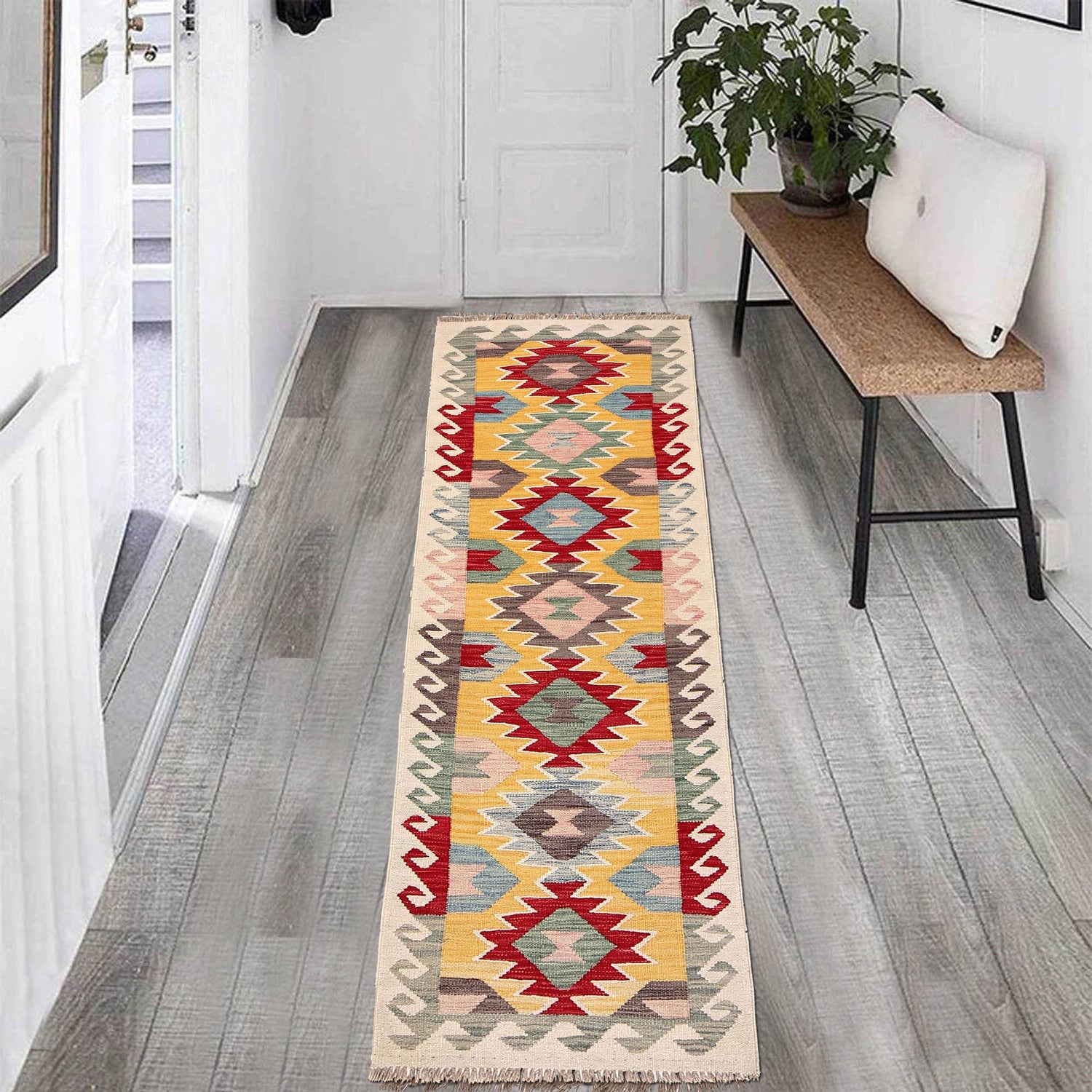 Colorful Flat-Weave Wool Kilim Runner 2' 2" x 6' 7" ft / 66 x 201 cm - No. B30493