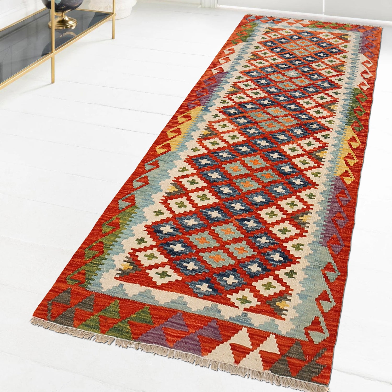 Hand Made Afghan Kilim Runner 2' 7" x 6' 5" ft / 78 x 196 cm - No. B30529