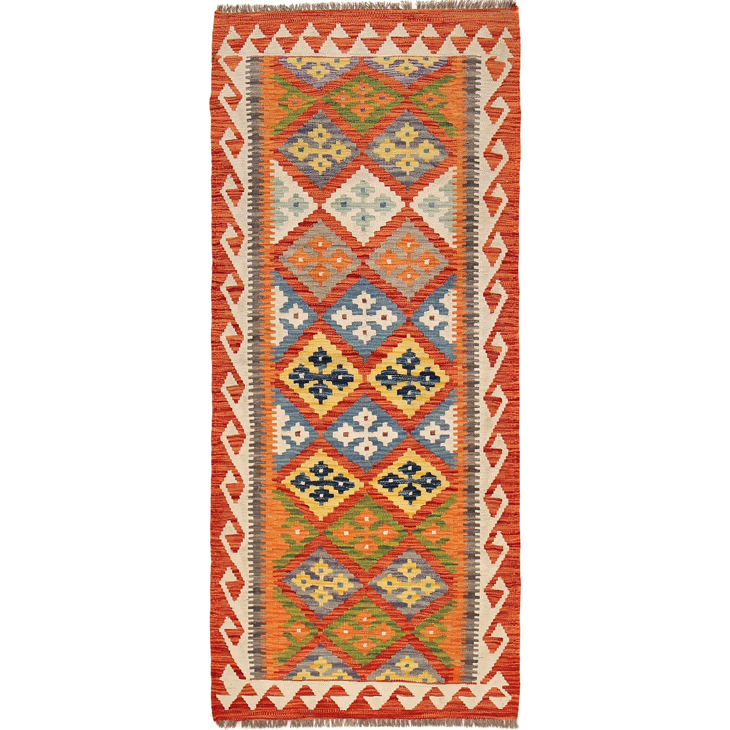 Colorful Flat-Weave Wool Kilim Runner 2' 8" x 6' 6" ft / 82 x 197 cm - No. B30539