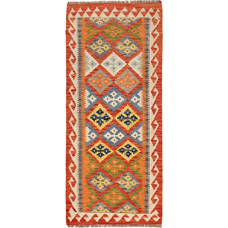 Colorful Flat-Weave Wool Kilim Runner 2' 8" x 6' 6" ft / 82 x 197 cm - No. B30539