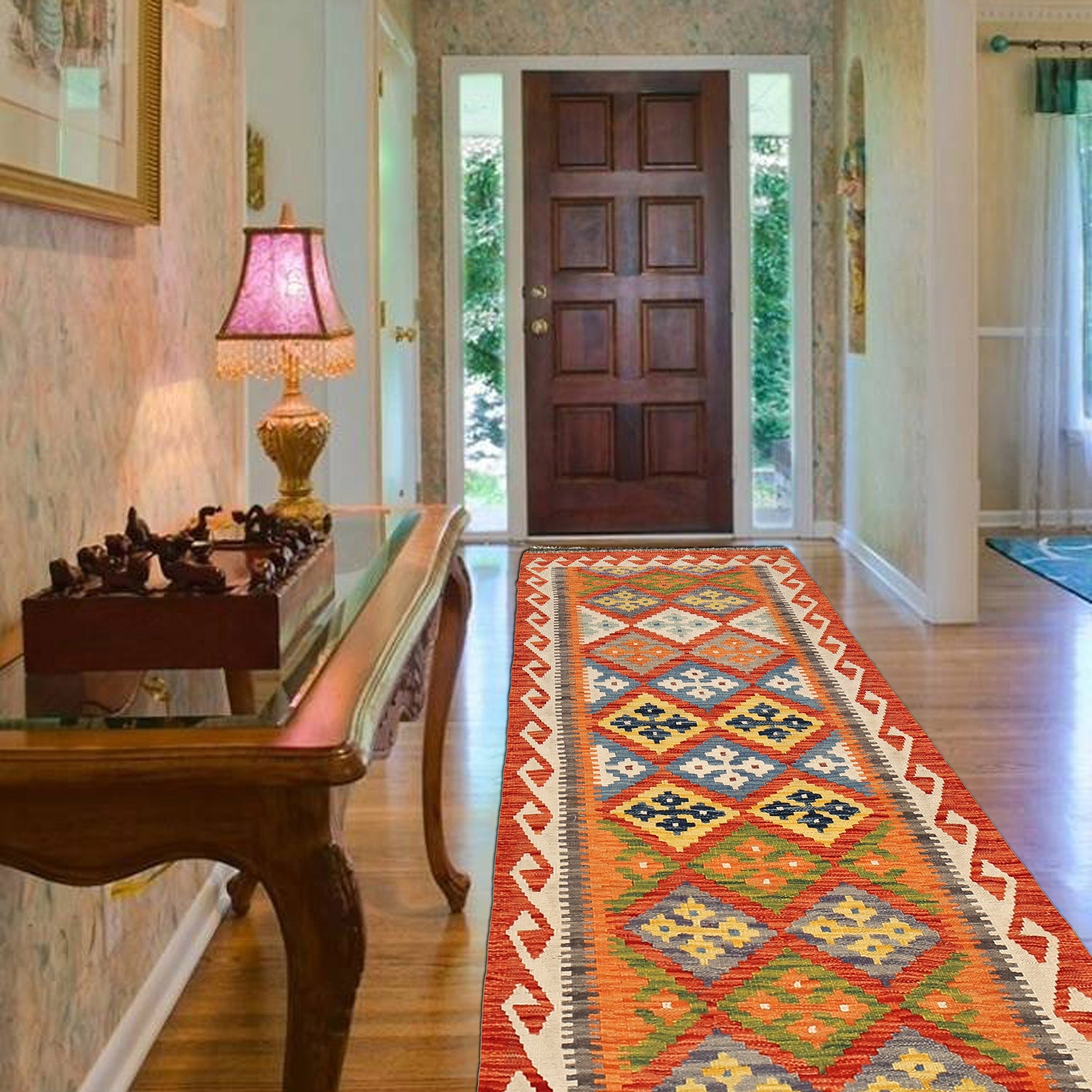 Colorful Flat-Weave Wool Kilim Runner 2' 8" x 6' 6" ft / 82 x 197 cm - No. B30539