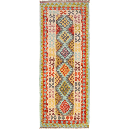 Colorful Flat-Weave Wool Kilim Runner 2' 8" x 6' 10" ft / 82 x 209 cm - No. B30541