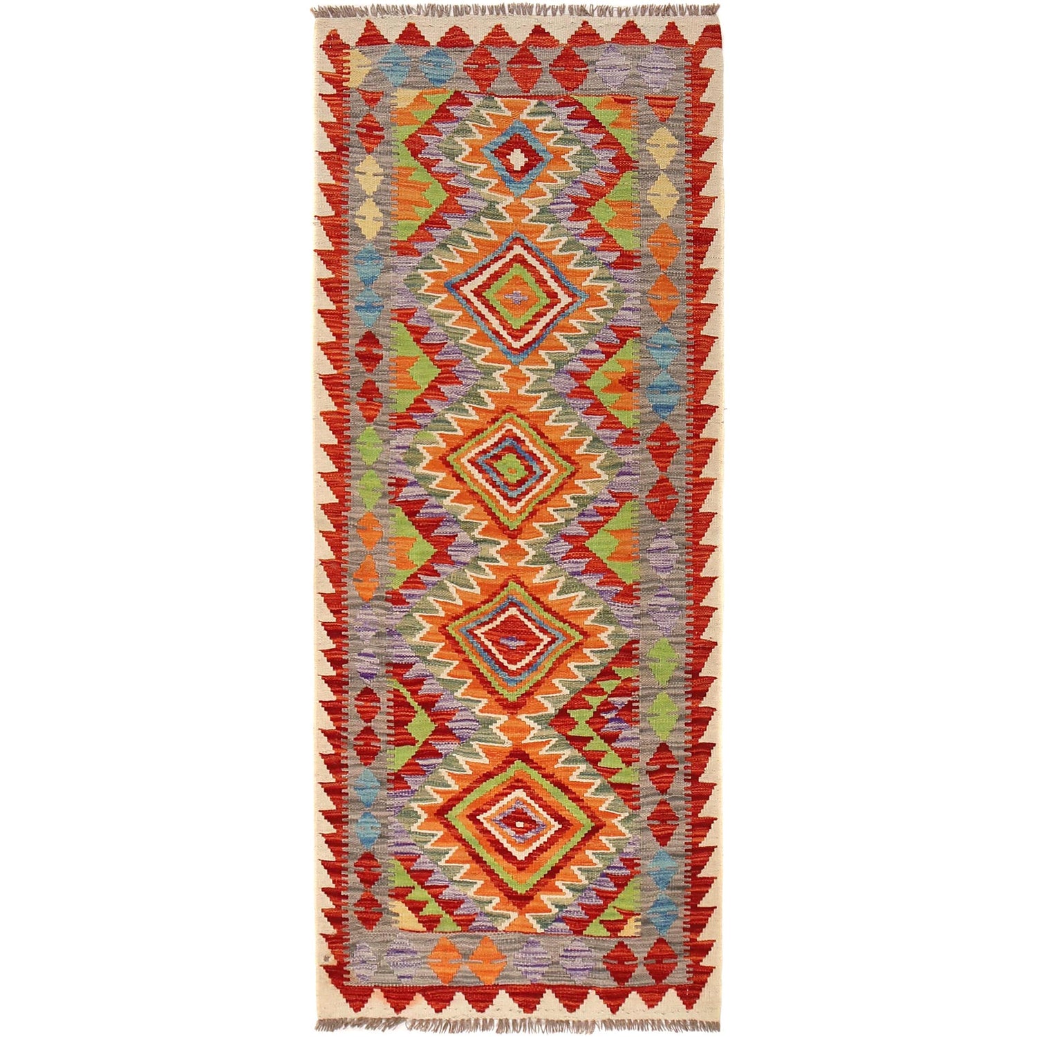 Hand Knotted Afghan Style Kilim Runner 2' 5" x 6' 2" ft / 74 x 189 cm - No. B30544