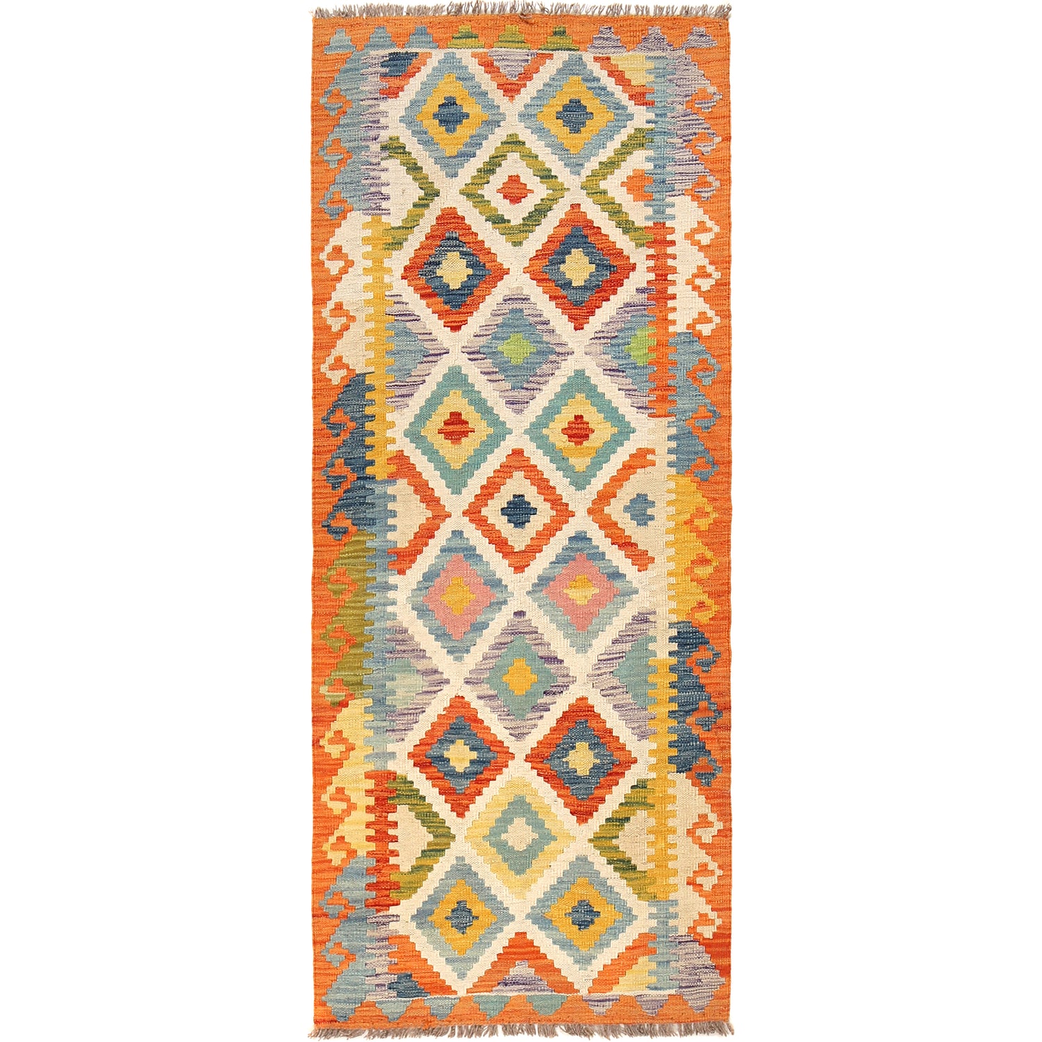 Hand Woven Wool Kelim Runner 2' 8" x 6' 9" ft / 81 x 205 cm - No. B30551