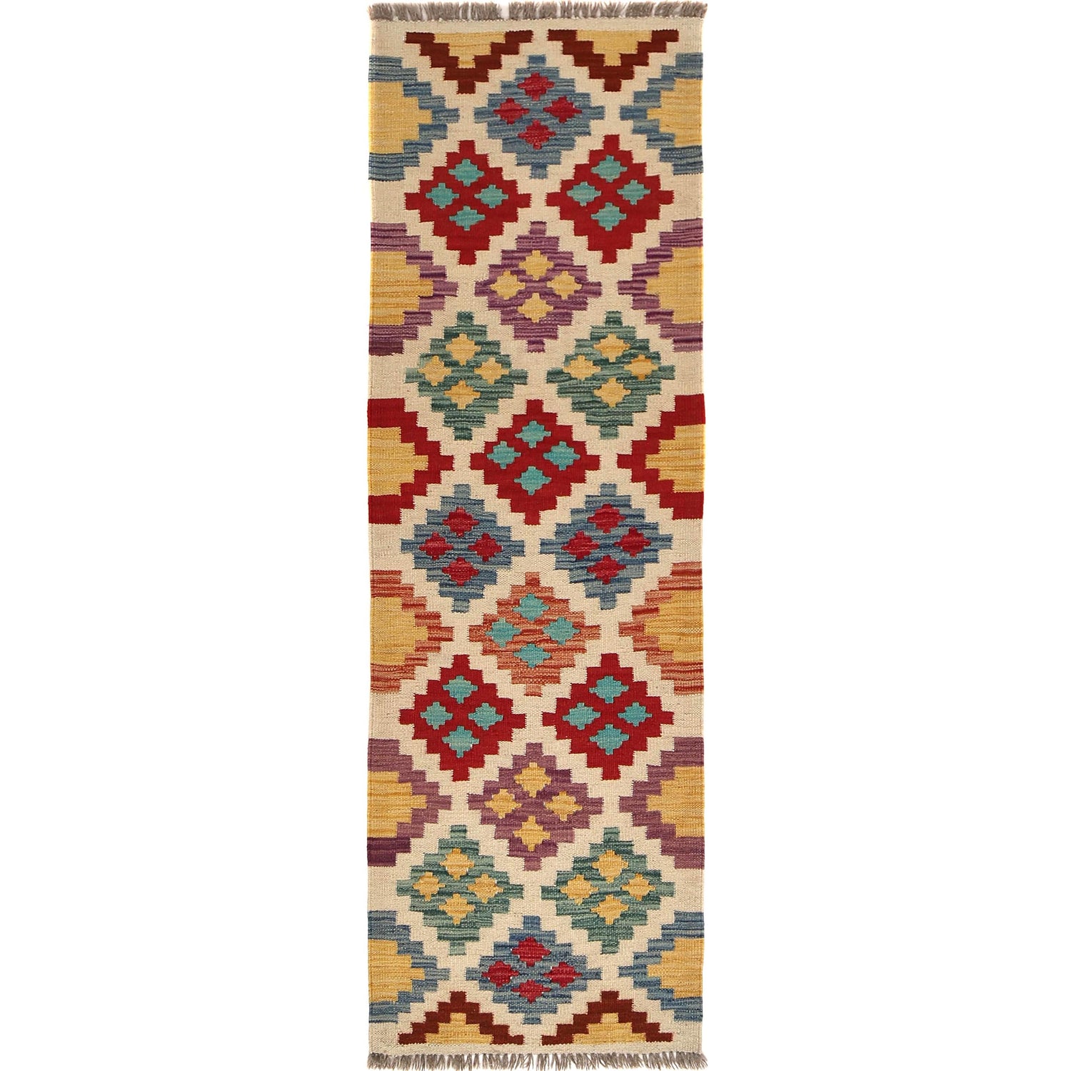 Colorful Flat-Weave Wool Kilim Runner 1' 9" x 5' 7" ft / 53 x 170 cm - No. B30610
