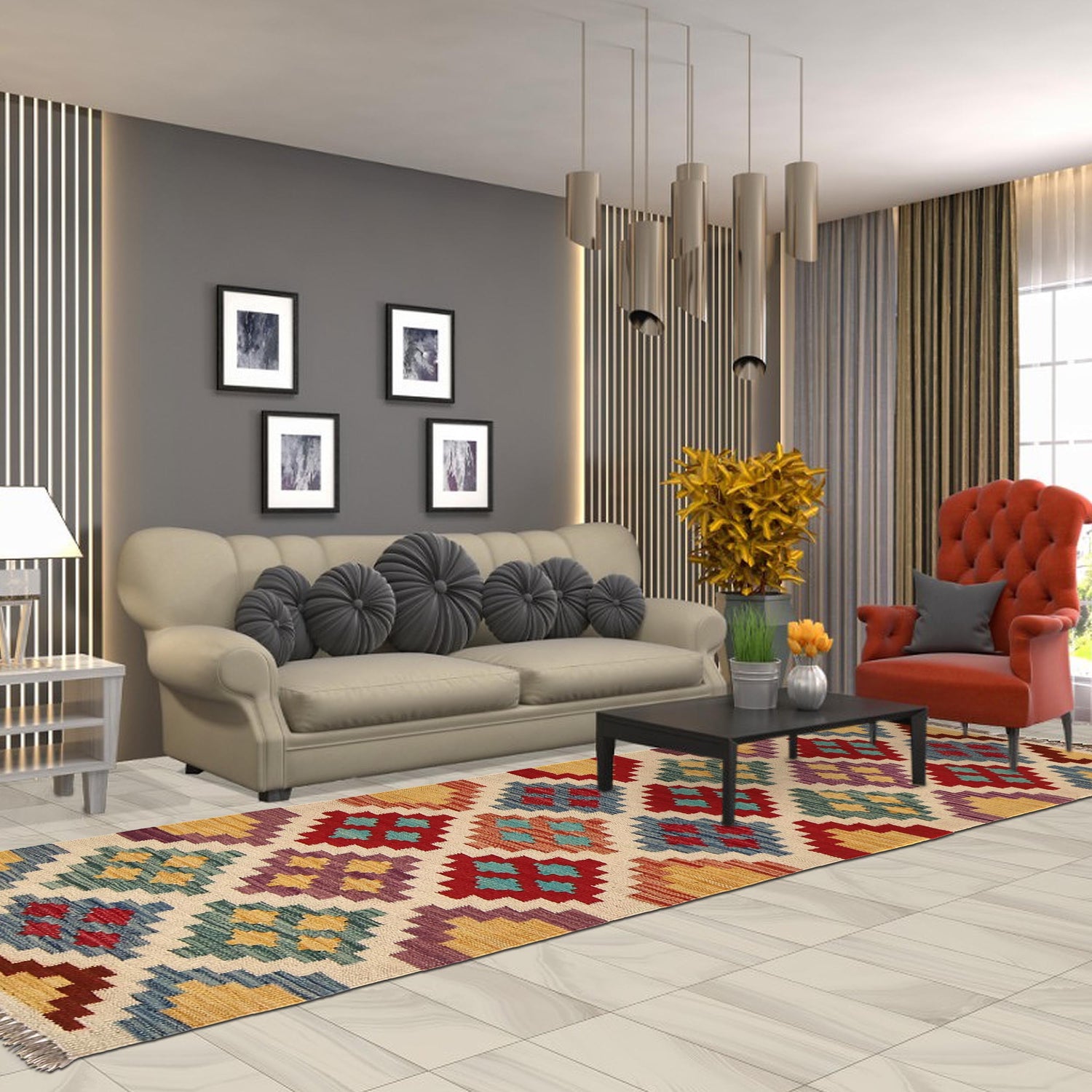 Colorful Flat-Weave Wool Kilim Runner 1' 9" x 5' 7" ft / 53 x 170 cm - No. B30610